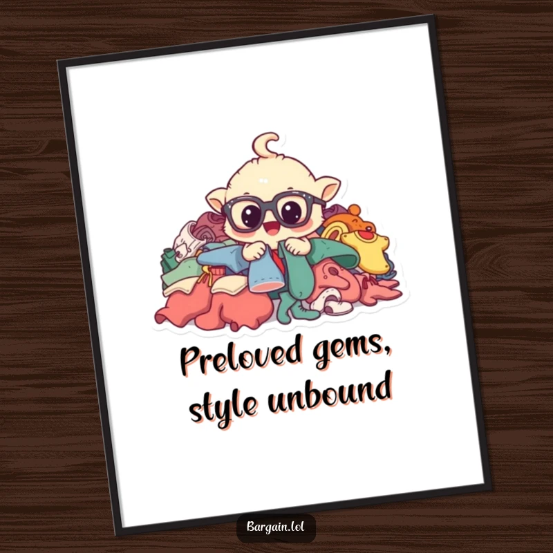 Funny Free Printable Wall Art: Whimsical creature with oversized glasses excitedly digging through a mountain of vintage clothes.