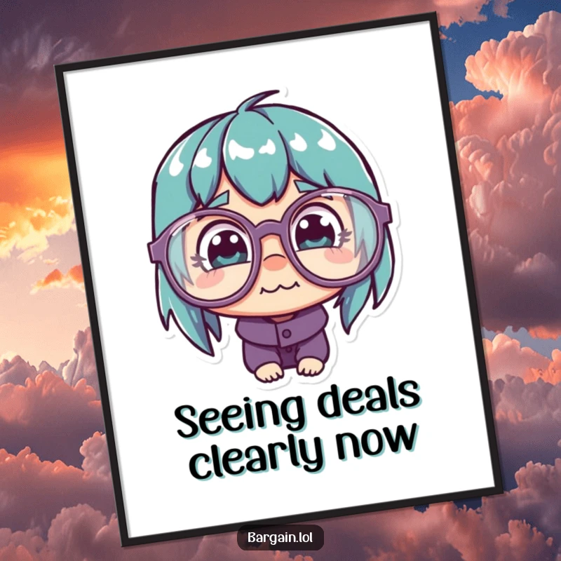 Funny Free Printable Wall Art: Character with oversized, silly glasses peeking intently at a tiny, comically cheap price tag, a true bargain detective.