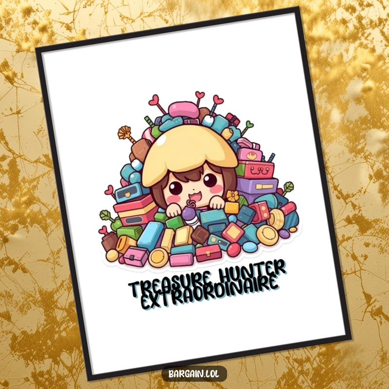 Funny Free Printable Wall Art: Character peeking from behind a vast collection of colorful, second-hand treasures, hinting at hidden gems.