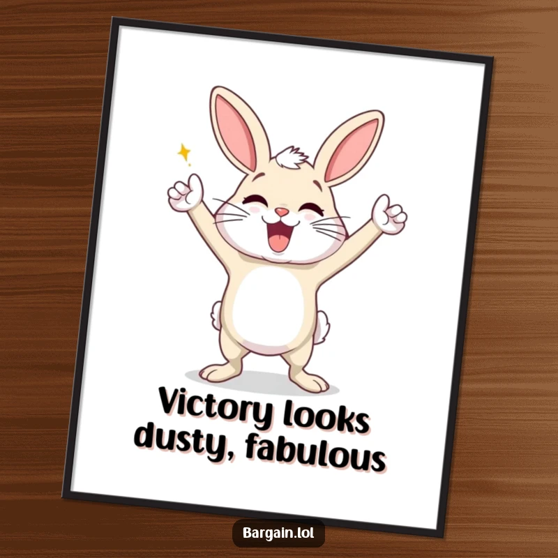 Funny Free Printable Wall Art: An exaggeratedly happy dust bunny is captured mid-victory dance, radiating pure joy.