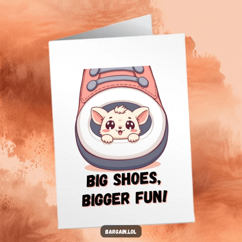 Funny Free Printable Birthday Card featuring a tiny creature peeking from a giant shoe, eyes wide with wonder and delight.