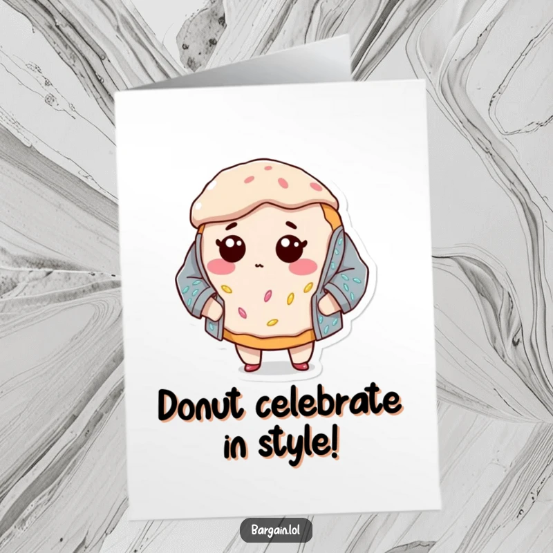 Funny Free Printable Birthday Card: A small, bewildered donut struggling to wear a ridiculously oversized, glittery sequined jacket, for a birthday.