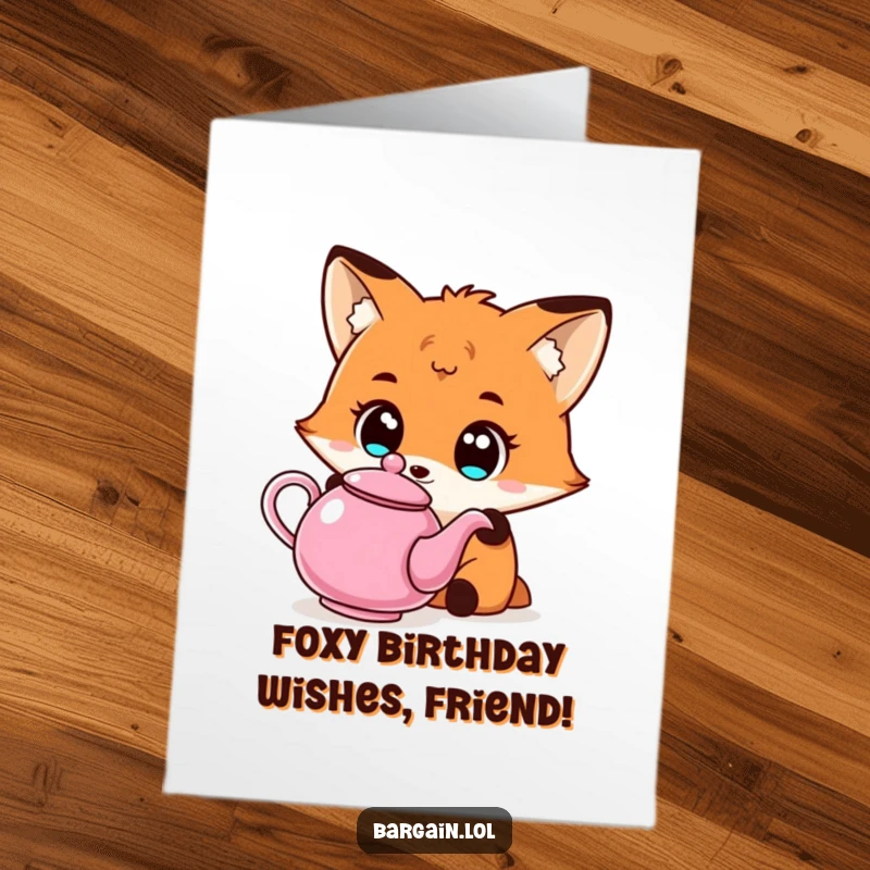 Funny Free Printable Birthday Card: Kawaii fox gazes in wonder at a peculiar, inexpensive teapot, ready for birthday wishes.