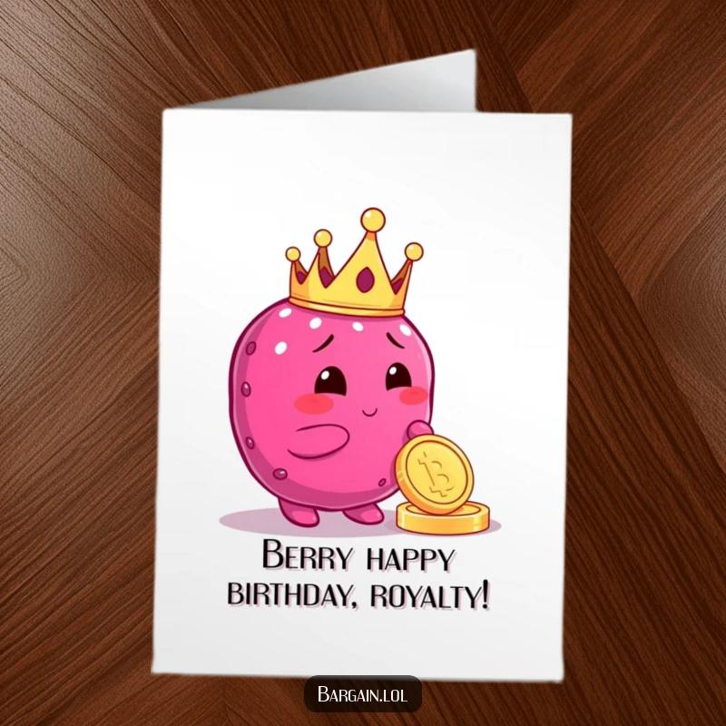 Funny Free Printable Birthday Card: Plump berry character wearing a crown, holding a shiny coin, celebrating a birthday.