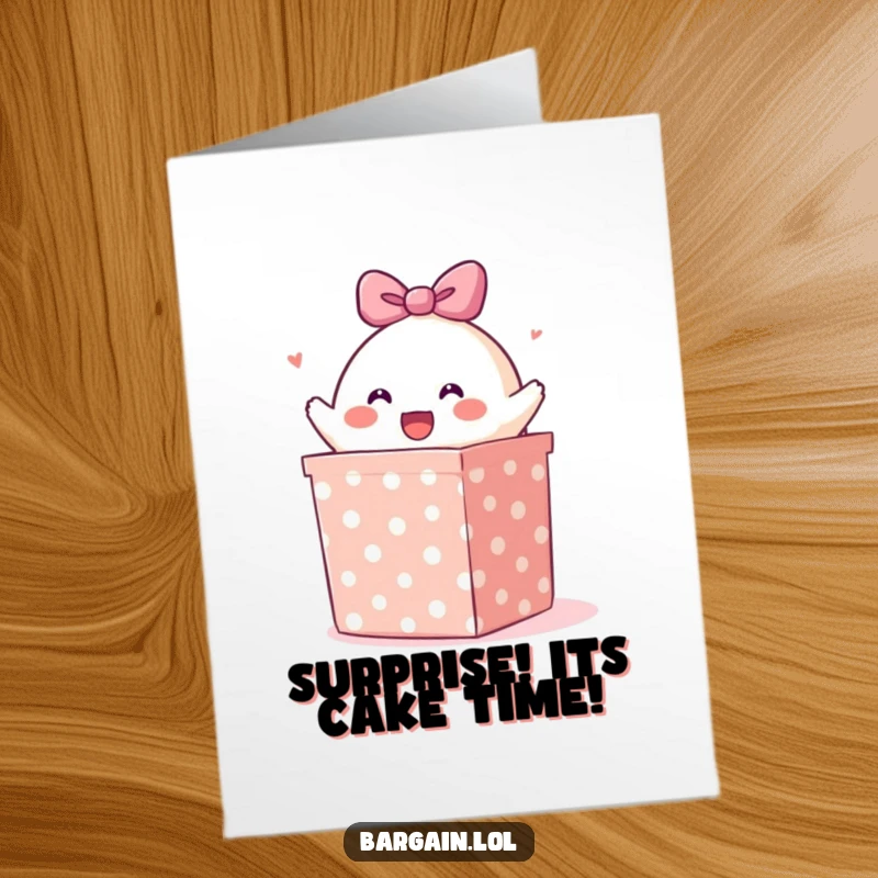 Funny Free Printable Birthday Card: Cheerful blob character exploding out of a huge polka-dotted gift box, birthday surprise.