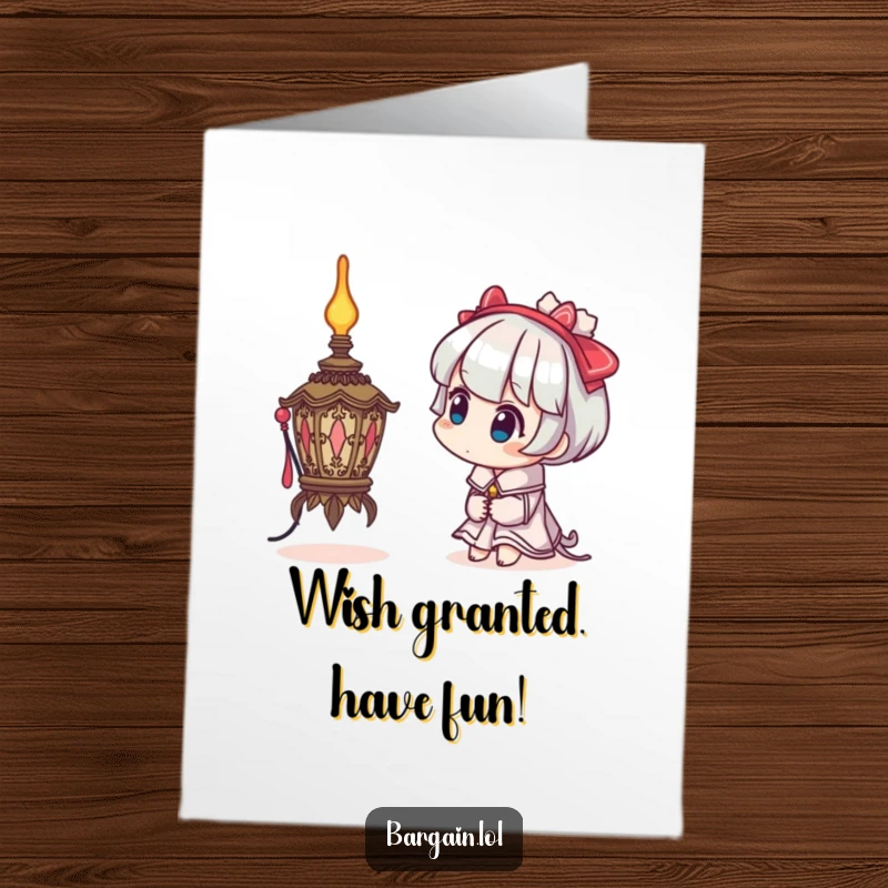 Funny Free Printable Birthday Card: Character tilts head curiously examining a bizarre, highly ornate, magical lamp.