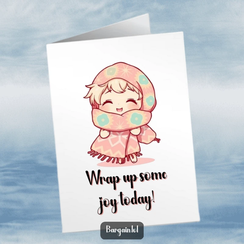 Funny Free Printable Birthday Card: Character beams at an enormous, patterned scarf, radiating joy and great taste.