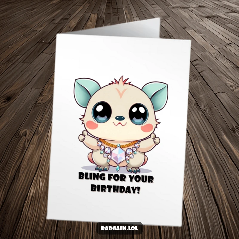 Funny Free Printable Birthday Card featuring a creature with huge googly eyes proudly holding a cheap, sparkly necklace.