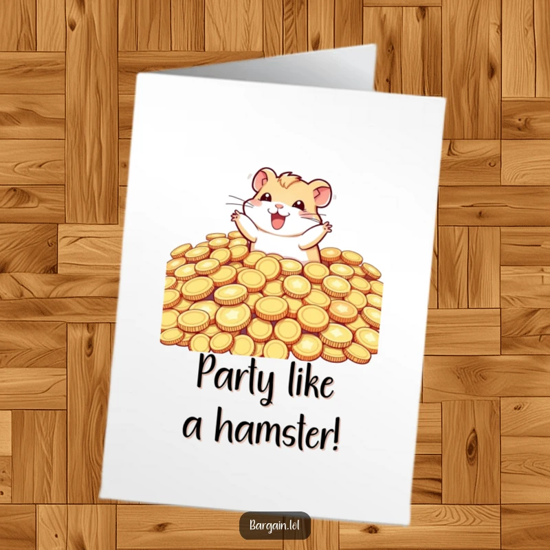 Funny Free Printable Birthday Card: A tiny hamster joyfully diving into a huge pile of glittering coins, celebrating wealth.