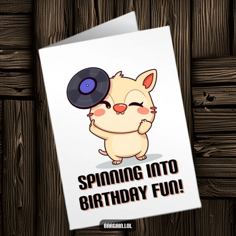 Funny Free Printable Birthday Card: A mischievous creature winks while expertly balancing a stack of vinyl records on its nose.