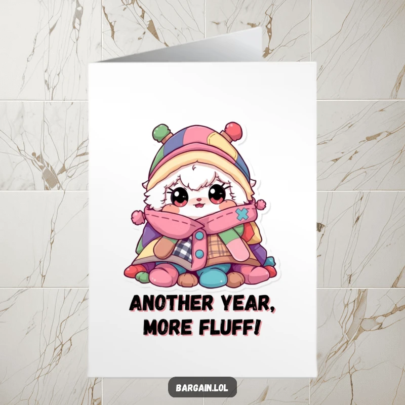 Funny Free Printable Birthday Card: Fluffy character with wide eyes peeks from behind a huge pile of colorful, mismatched clothes.