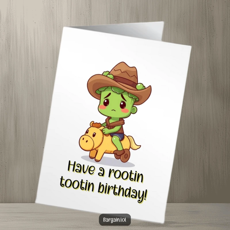 Funny free printable birthday card featuring a confused broccoli sprout in a cowboy hat riding a squeaky toy.