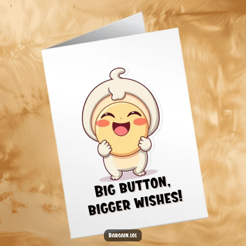 Funny Free Printable Birthday Card: Delighted tiny creature beams holding a comically large button, pure excitement.