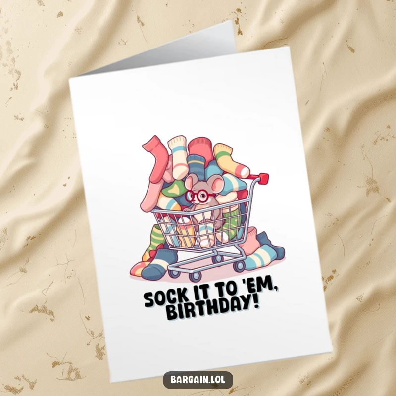 Funny Free Printable Birthday Card: Mouse in monocle inspecting mismatched socks spilling from shopping cart, delivering birthday wishes.