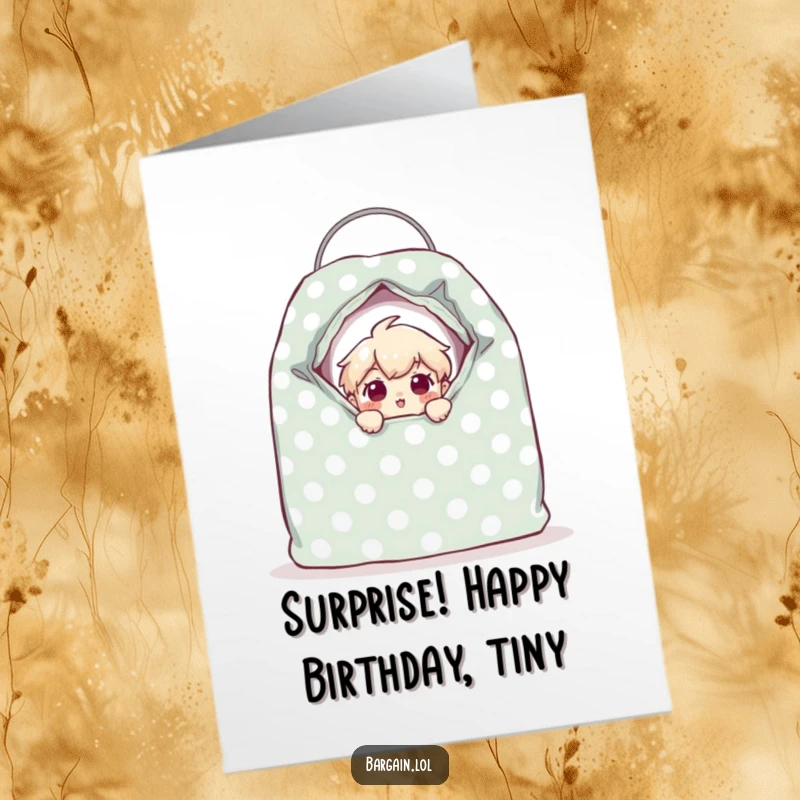 Funny free printable birthday card showing a tiny character with a surprised face peeking from a giant polka-dotted thrift bag.