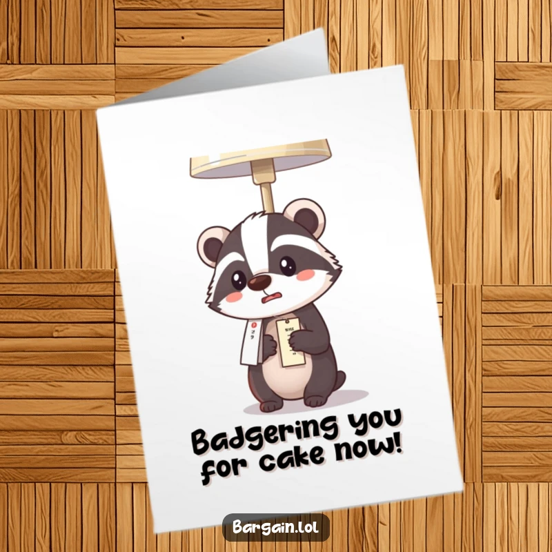 Funny Free Printable Birthday Card: Kawaii badger looks shocked at a lamp's incredibly low price tag, perfect for birthday wishes.