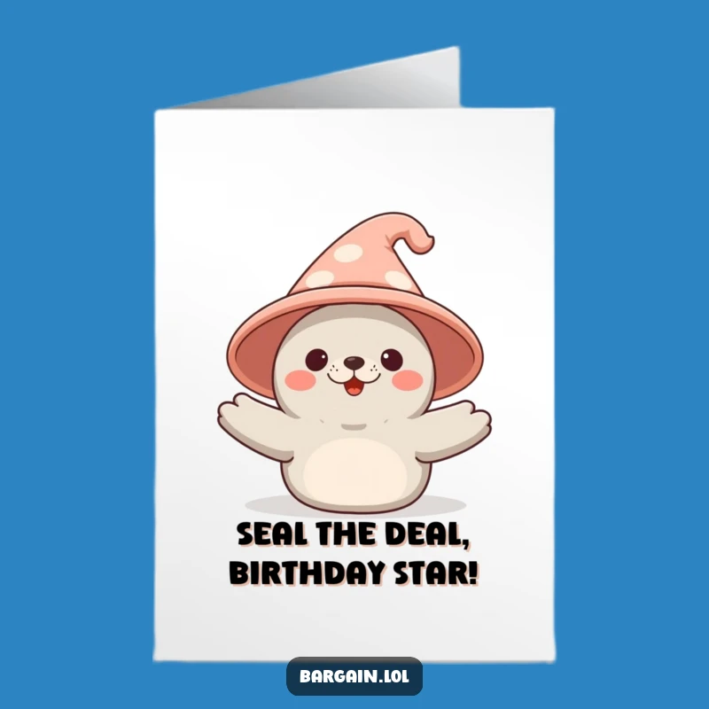 Funny Free Printable Birthday Card: Kawaii Seal with Big Hat Surprise!