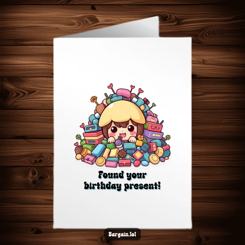 Funny Free Printable Birthday Card: Character peeking mischievously from behind a huge heap of colorful, eclectic second-hand items, ready for adventure.