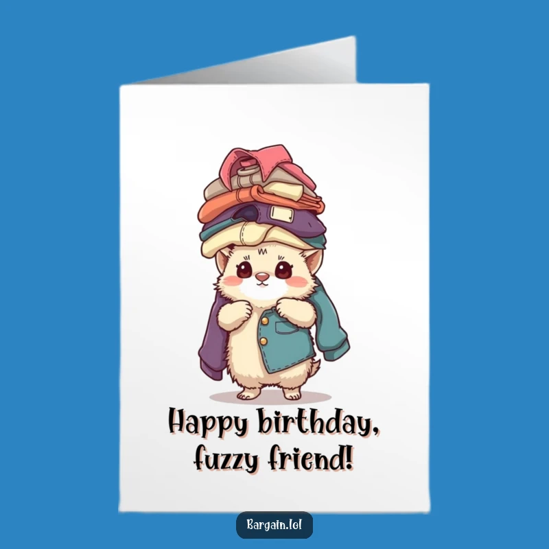 Free Printable Birthday Card: Fuzzy Creature Balancing Clothes, Funny Gift