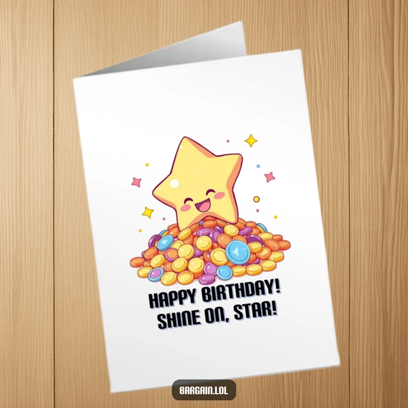 Funny Free Printable Birthday Card: A star character gleefully diving into a pile of colorful, shimmering coins, celebrating a lucky day.