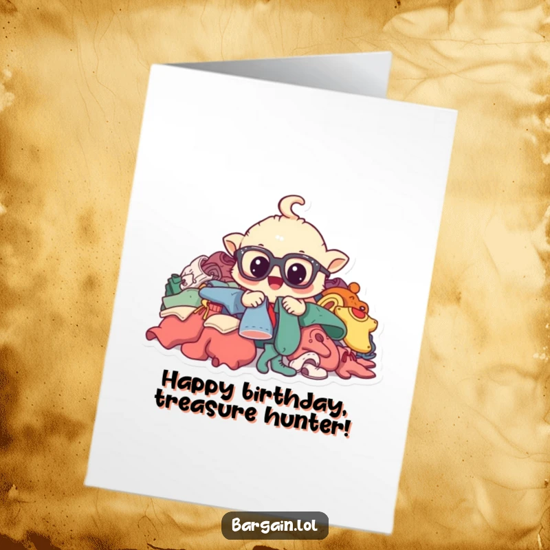 Funny Free Printable Birthday Card: Whimsical creature in big glasses digging through clothes, ready for a birthday celebration.
