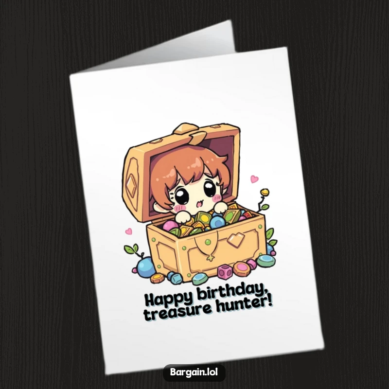 Funny Free Printable Birthday Card: Character looking surprised finding a treasure chest full of shiny trinkets.