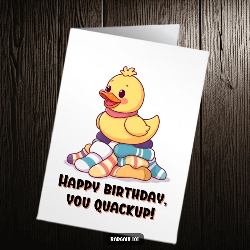 Funny Free Printable Birthday Card featuring a rubber ducky gleefully balancing mismatched socks, celebrating quirky joy.