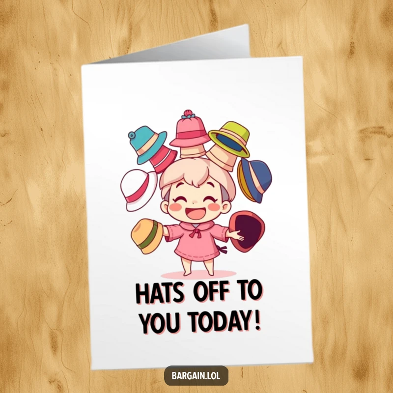 Funny Free Printable Birthday Card: Character with a big grin playfully juggles mismatched colorful hats high in the air.