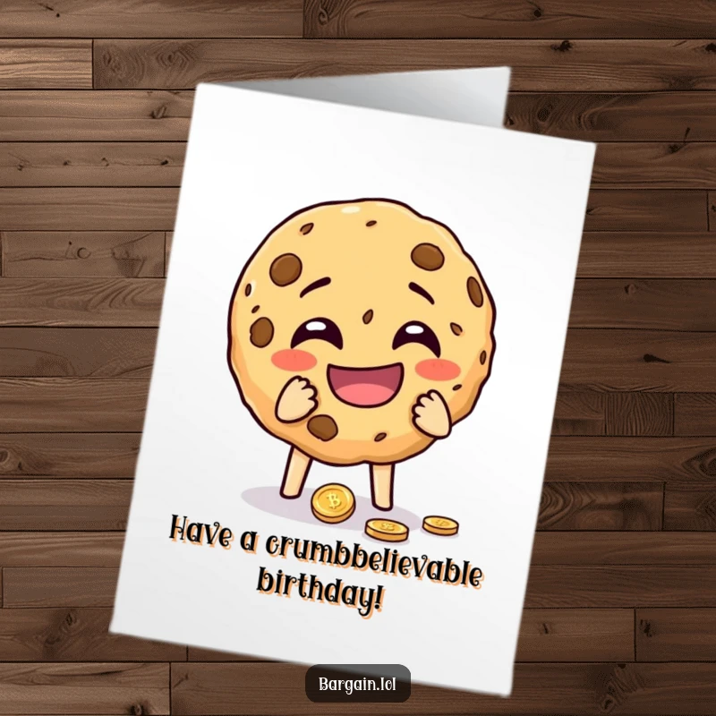 Funny Free Printable Birthday Card: A cheeky cookie crumbles with laughter holding a dropped coin.