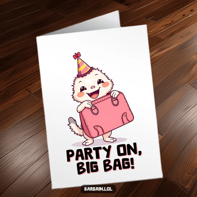 Funny Free Printable Birthday Card: A delighted creature in a party hat poses proudly with a comically large, vintage handbag.
