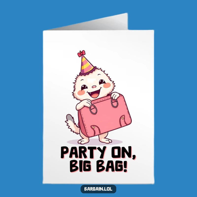 Free Printable Birthday Card: Creature with Party Hat & Huge Retro Bag - Fun Gift!