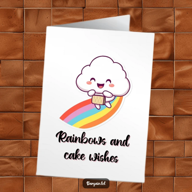 Funny Free Printable Birthday Card: Smiling cloud floats down a rainbow, carrying a patterned bag, delivering birthday cheer.