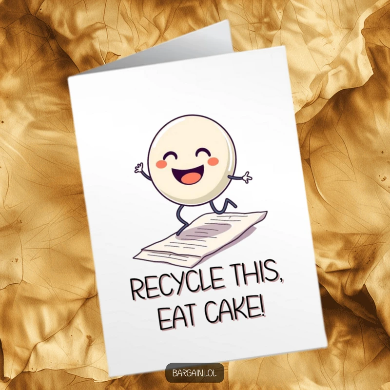 Funny Free Printable Birthday Card featuring a smiling button with legs hopping excitedly over a discarded receipt.