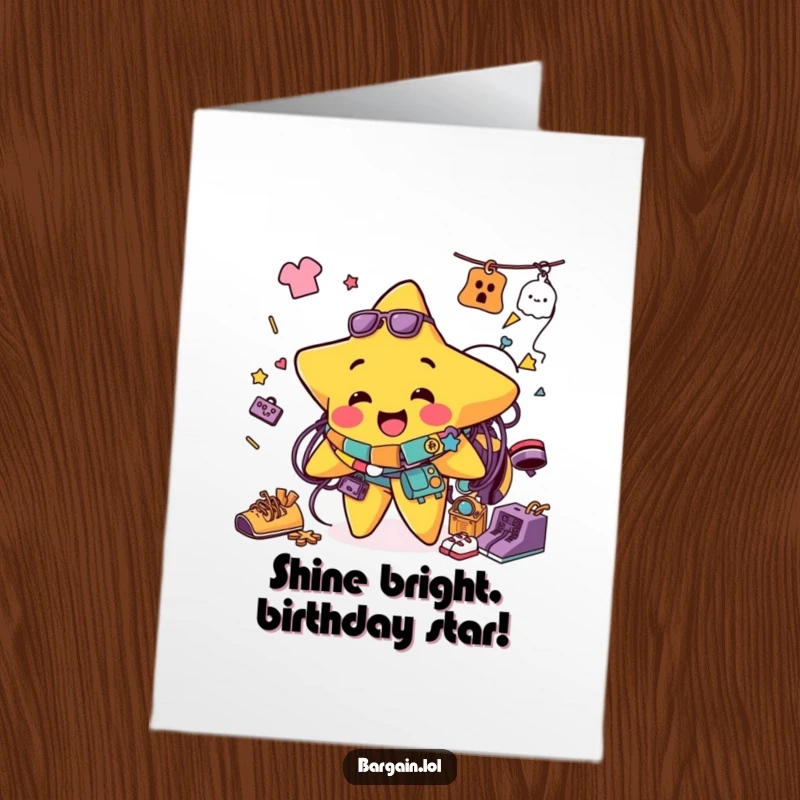 Funny Free Printable Birthday Card: Jolly star tangled in thrift store finds, a quirky DIY gift.