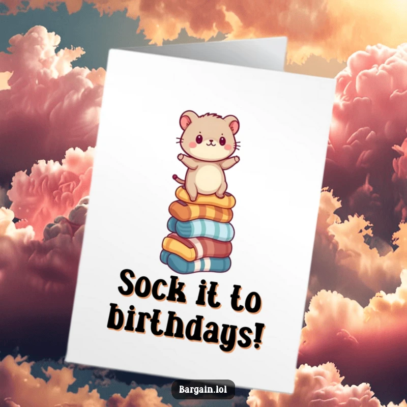 Funny Free Printable Birthday Card featuring a small critter wobbling on a tall stack of colorful, mismatched socks.