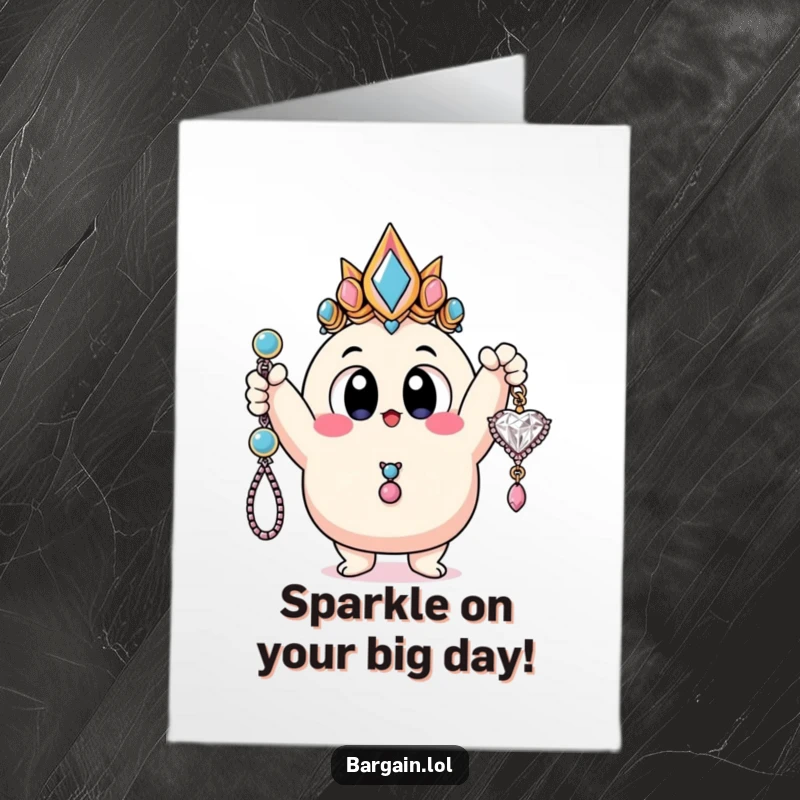 Funny Free Printable Birthday Card: Blobby character with huge eyes proudly showing off tacky jewelry, perfect for a birthday.