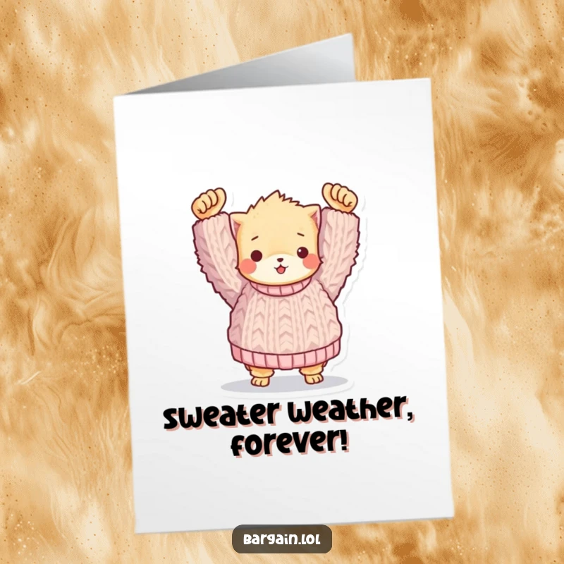 Funny Free Printable Birthday Card: Small fuzzy friend beaming proudly holding an enormous, colorful knitted sweater.