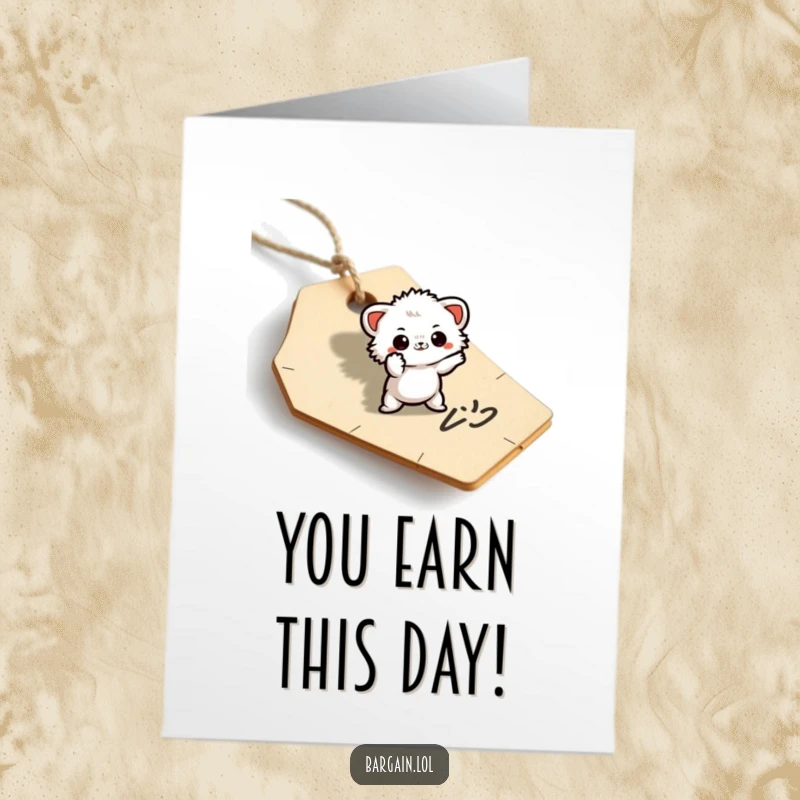 Funny Free Printable Birthday Card featuring a small fuzzy creature striking a grand, dramatic pose atop a discarded price tag.