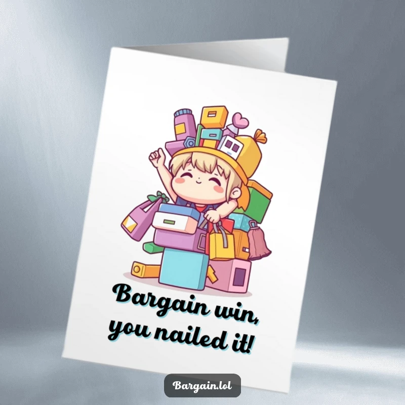 Funny free printable congratulations card showing a character balancing a stack of colorful thrift store bargains, celebrating success.