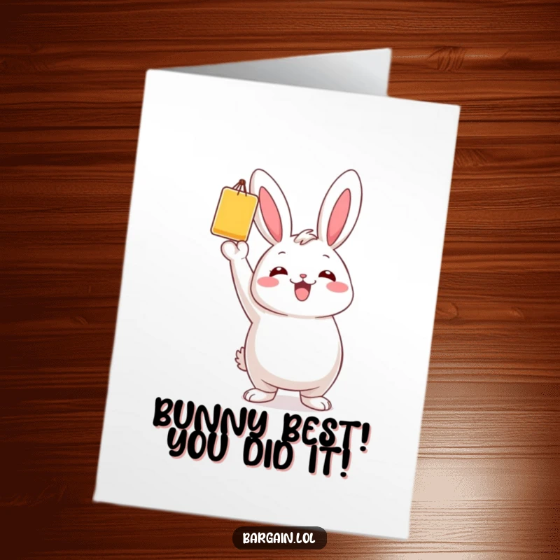 Funny Free Printable Congrats Card: Chubby bunny triumphantly raises a colorful bargain item, celebrating a successful purchase.