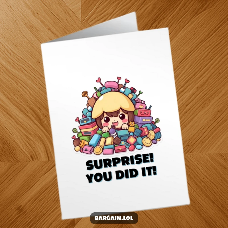 Funny Free Printable Congrats Card: Character peeks out from behind a massive stack of vibrant, pre-loved goods, celebrating a discovery.