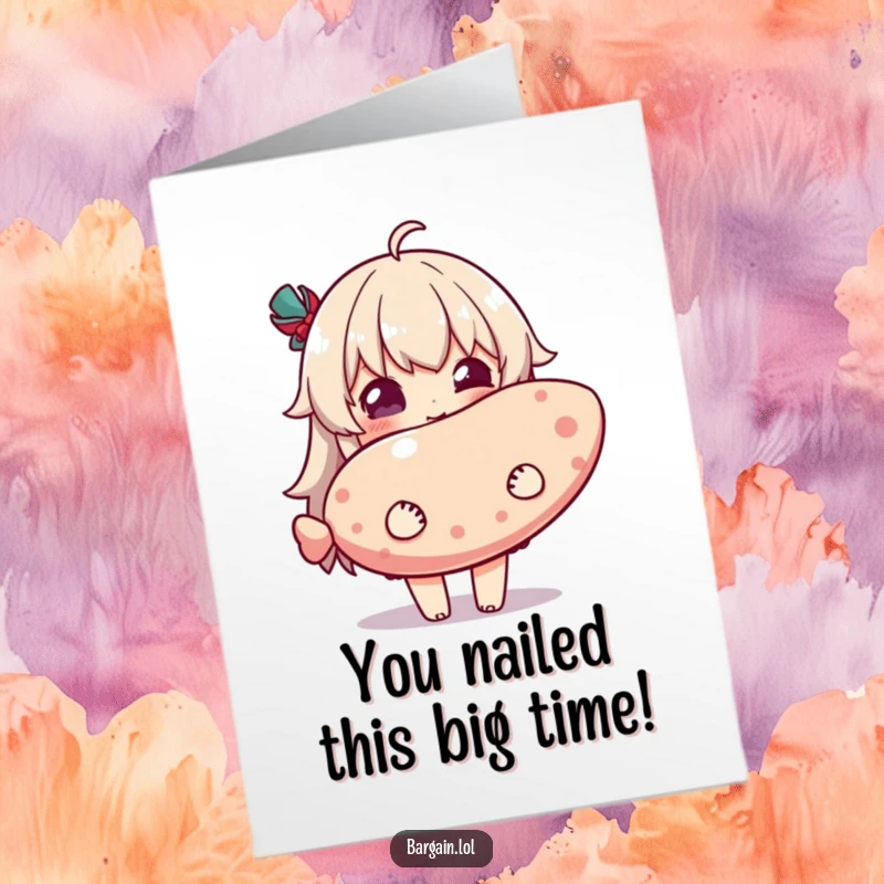 Funny Free Printable Congrats Card: Character beams with delight genuinely holding an absurdly large novelty item.