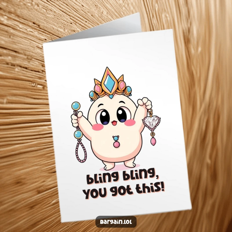 Funny Free Printable Congrats Card: Enormous-eyed blob creature holding up cheap, shiny jewelry in triumph, celebrating an achievement.