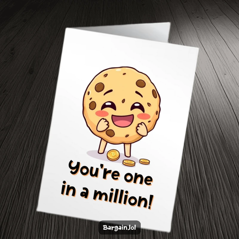 Funny Free Printable Congratulations Card: A cheeky cookie laughs maniacally as it holds a found coin.