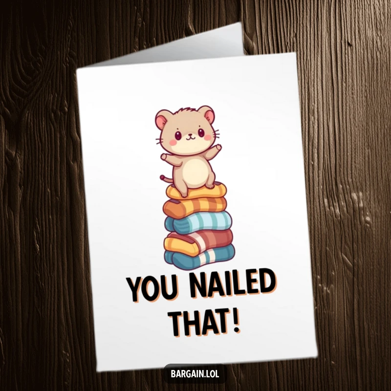 Funny Free Printable Congratulations Card showing a little critter barely balanced atop a precarious tower of odd socks.
