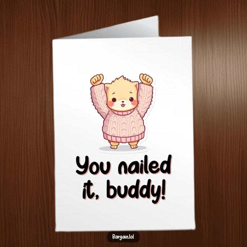 Funny Free Printable Congratulations Card: A small fuzzy friend triumphantly displays a comically large knitted sweater for congratulations.