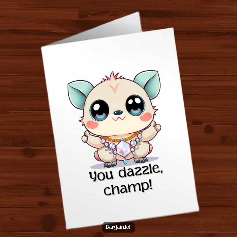 Funny Free Printable Congratulations Card showing a creature with massive googly eyes triumphantly displaying a cheap, glittery necklace.