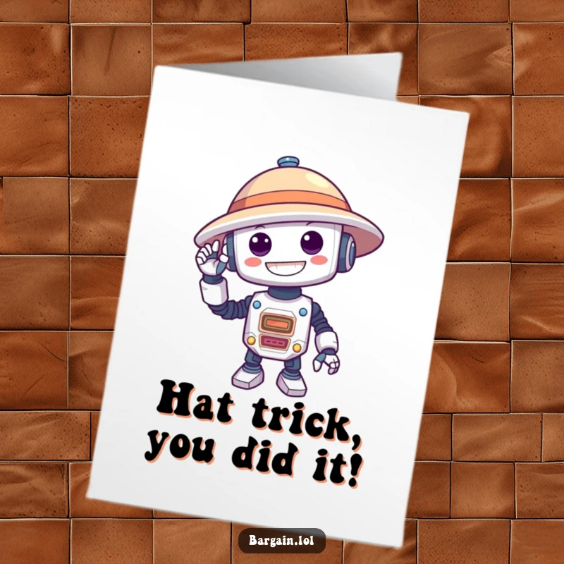Funny Free Printable Congratulations Card: Robot with a huge grin tests an oversized hat, great for a DIY gift.