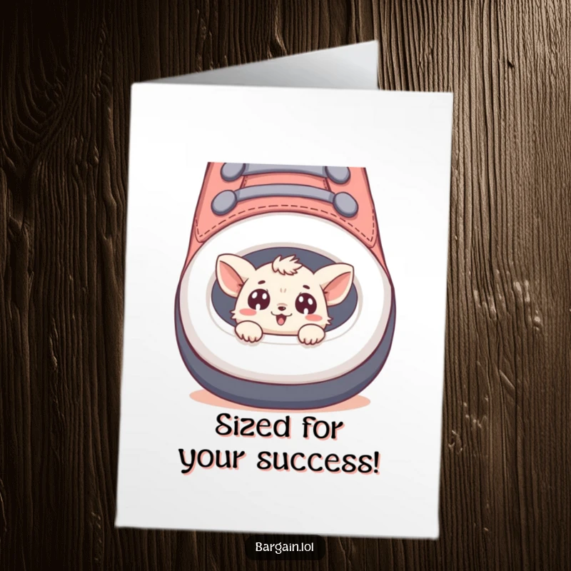 Funny Free Printable Congratulations Card showing a tiny creature peeking from a huge shoe, celebrating a big moment.