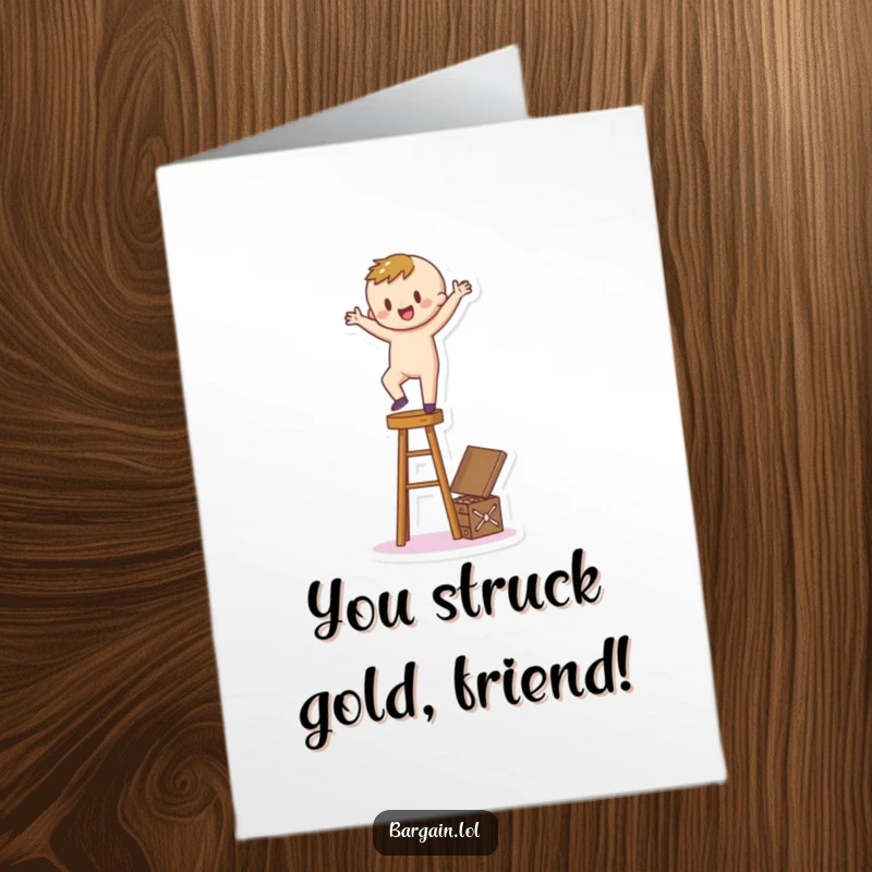 Funny Free Printable Congrats Card: Excited character balances precariously on a stool, eyes fixed on a hidden treasure box.